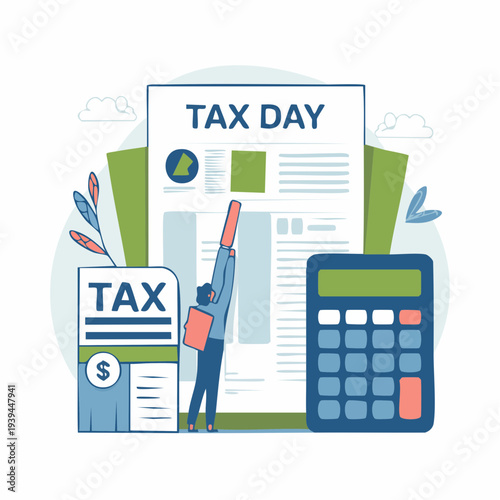 Tax Day illustration with documents and calculator.