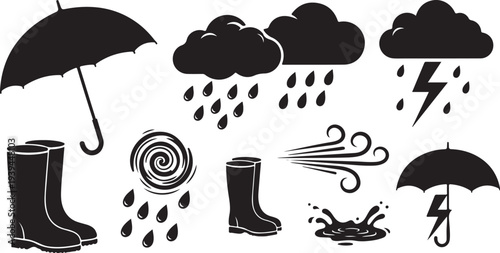 Rainy Day Weather Icons with Umbrellas and Rain Boots