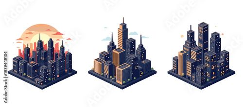 Dense city skyline illuminated at sunset in isometric view