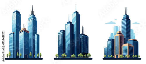 City skyscrapers as modern high rise towers on white background