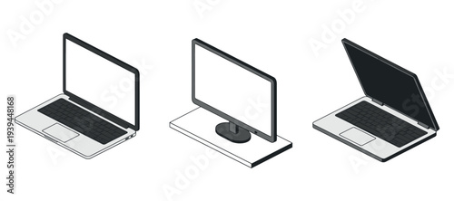 Laptops and monitor displaying blank screens in isometric layout