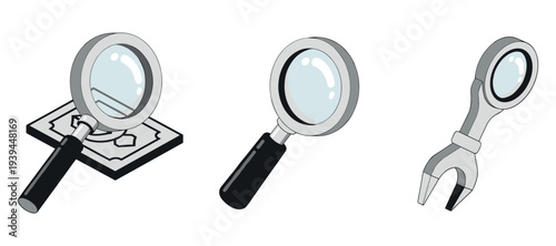Magnifying glasses inspecting map and tool on white background