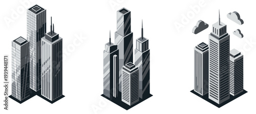 High rise skyscraper clusters shown on white background
