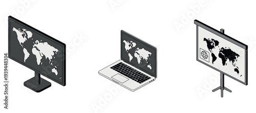 Electronic displays showing world map in office setting