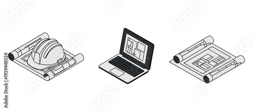 Construction helmet and blueprints with laptop on drafting desk