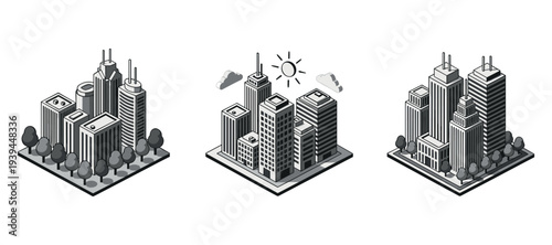 Dense downtown clusters with trees on isometric platforms