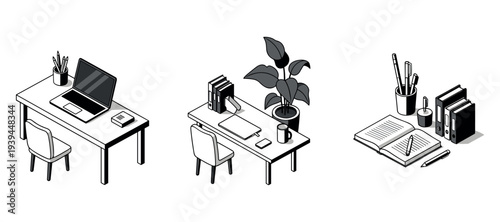 Office desks arranged with laptop plant and stationery items