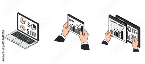 Laptop and tablets showing data charts and reports in workspace