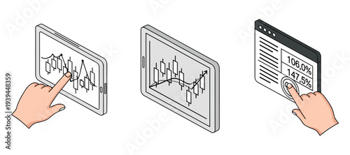 Tablet screens displaying stock charts being tapped in interface
