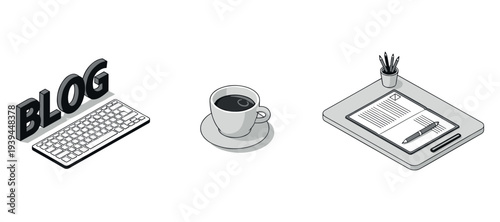 Blogging setup with keyboard coffee cup and clipboard on desk