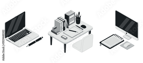 Multiple workspace devices displayed on white office background