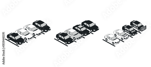 Used cars parked in dealership lot with sales signage