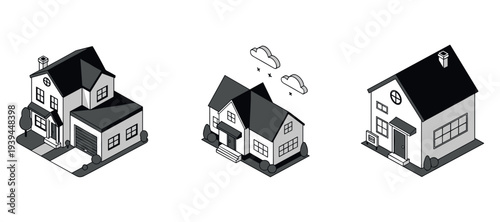 Residential houses and cottages shown in suburban neighborhood scenes
