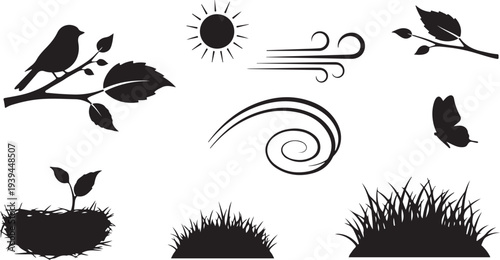 Springtime Silhouettes of Nature and Weather Icons Combined Together
