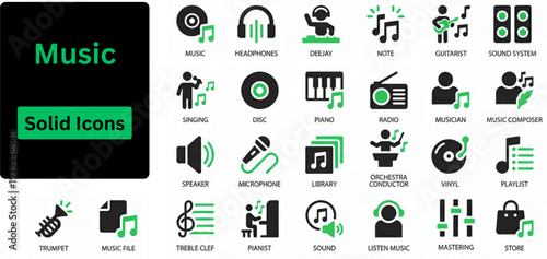 Silhouette vector of Music icon set. Music & instrument editable icon set. Editable stroke. Vector illustration. Solid icons set.