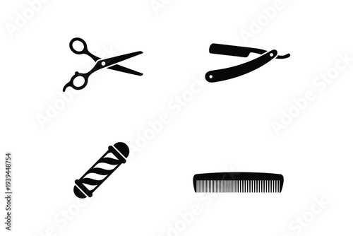 Barbershop icon set black and white silhouettes - Hair salon tools vector illustration