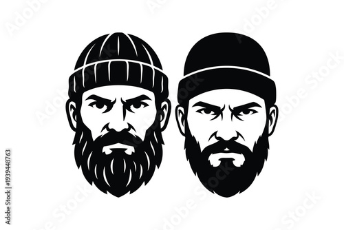 Two bearded men wearing beanies vector illustration - Tough lumberjack portrait black and white silhouette