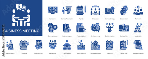 Business Meeting Icon set Collection in Glyph Two Color Style. meeting, conference, presentation, team, agenda, discussion, strategy