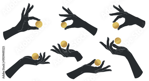 Elegant Silhouette Hands Holding Golden Coins in Various Poses, Vector Graphics