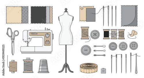 Sewing Machine Fabric Swatches Mannequin Threads Needles  Scissors - Crafting Supplies.