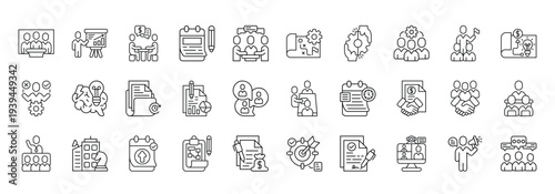 Business Meeting Icon set Collection in Line Style. meeting, conference, presentation, team, agenda, discussion, strategy