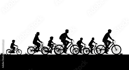 Family Cycling Adventure Silhouette on White Background, Group Bike Ride