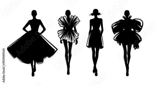 Fashionable Silhouette Models in Black, Avant-Garde Outfits on White Background