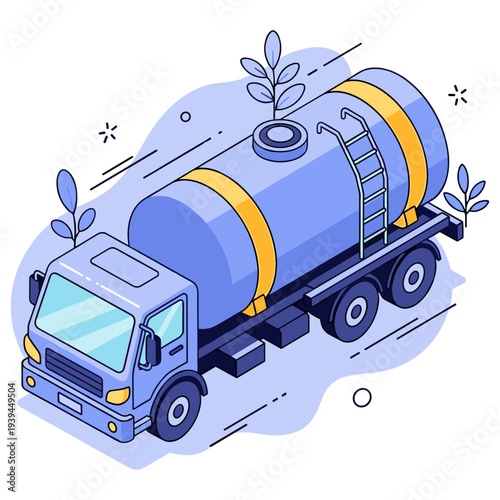 Isometric water truck with blue tank and ladder in abstract design