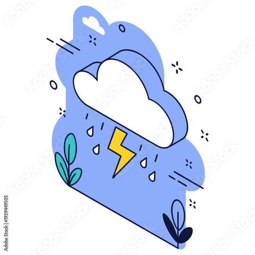 Stylized cloud with lightning and rain graphic against blue background