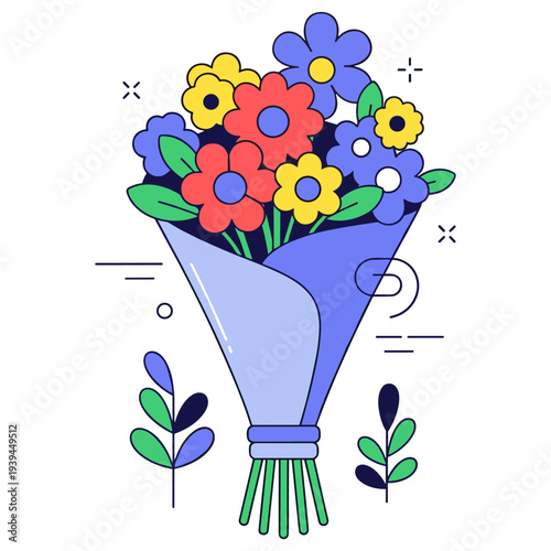 Colorful bouquet of simple illustrated flowers with leaves