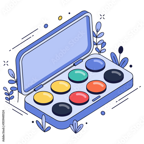 Colorful watercolor paints in blue open case with decorative elements