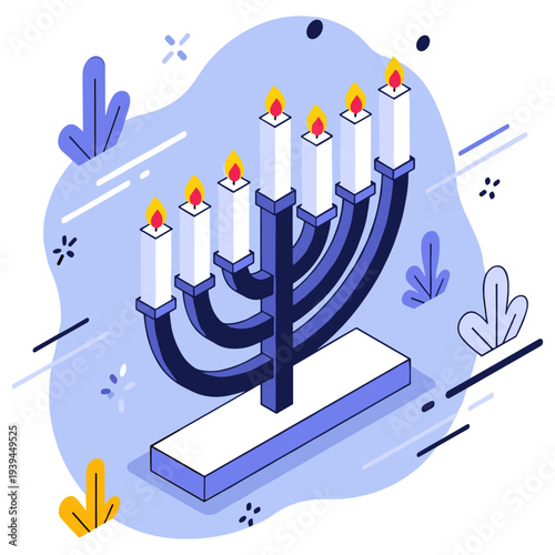 Colorful hanukkah menorah with lit candles on abstract background