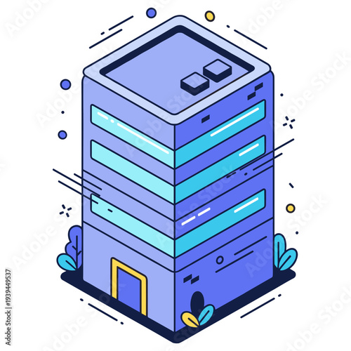 Modern isometric skyscraper with abstract design and blue tones