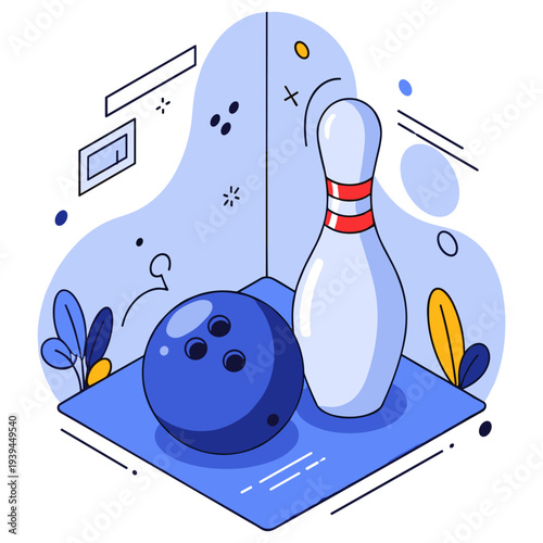 Colorful bowling ball and pin illustration with abstract details