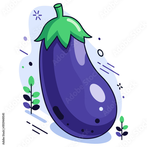Colorful cartoon eggplant illustration with decorative elements