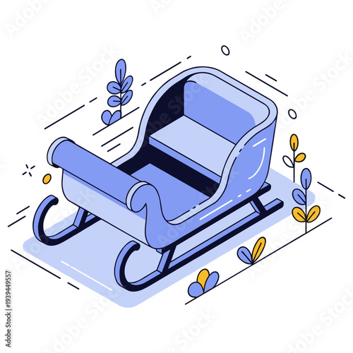 Illustrated winter sleigh with decorative leaves in blue and yellow tones