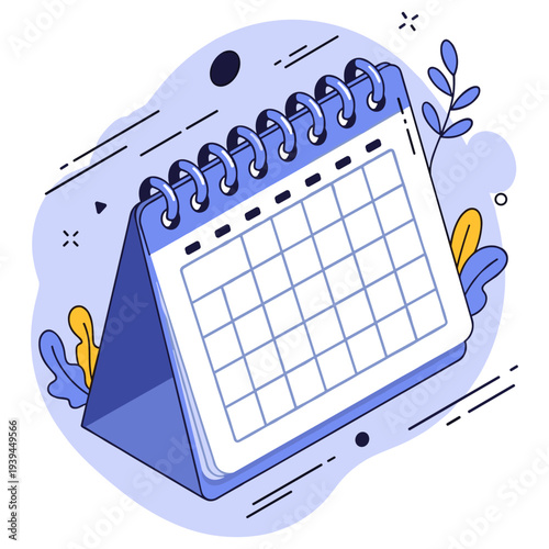 Illustrated blue desk calendar with spiral binding and leaves design
