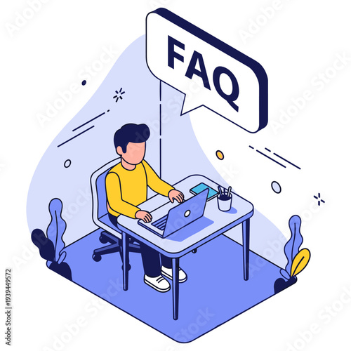 Young male using laptop at desk with faq speech bubble