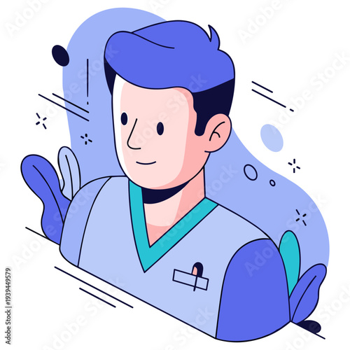 Cartoon illustration of a young caucasian male doctor wearing scrubs with abstract background
