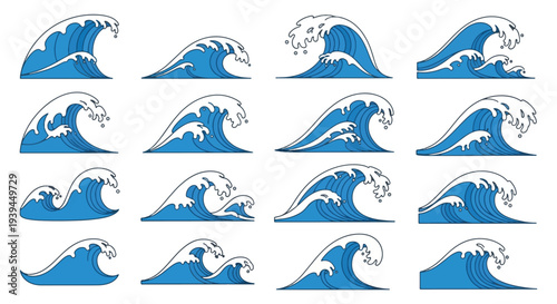 Set of Ocean Waves Collection icons Surfing Beach Seascape.