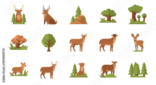 Cute Deer and Forest Icons Wildlife Nature Flat Graphics Set.
