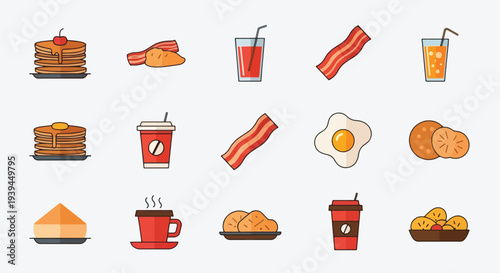 Breakfast Food Icons Pancakes Bacon Eggs Coffee Juice Hash Browns.