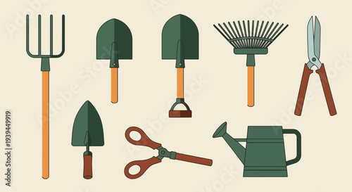 Gardening Tools Collection Pitchfork Shovels Rake Secateurs Watering Can.
