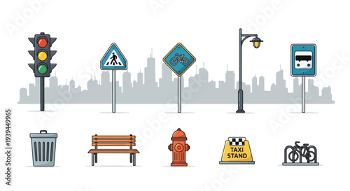 City Street Elements Traffic Lights Signs Bench Hydrant  More.