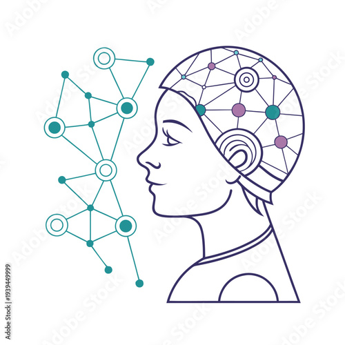 Vector illustration of a woman's head with neural network connections