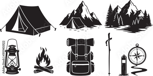 Camping icons and travel equipment in black and white