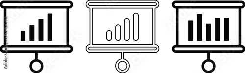 Three different styles of presentation board icons displaying bar graphs indicating growth and progress on a white background