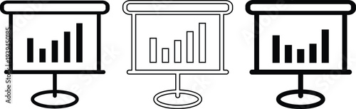 Three different bar chart presentation board icons with varying styles for data visualization and business analysis concepts