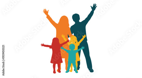 Happy Diverse Family Silhouette with Raised Arms Celebrating Togetherness and Joy
