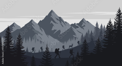 Hikers with Backpacks Trekking Through a Majestic Mountain Range Forest Landscape